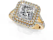 Double Halo Engagement Ring Setting for Princess Cut Center with Narrow Pave Split Shank and Prong Head in Yellow Gold