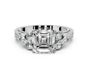 Cluster Engagement Ring Setting for Asscher Cut Center with Bezel Accent Clusters and Prong Head in Sterling Silver
