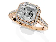 Halo Engagement Ring Setting for Asscher Cut Center with Narrowing Pave Band and Prong Head in Rose Gold