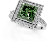Halo Engagement Ring Setting for Fancy Green Princess Cut Center with Milgrain Pave Band and Bezel Head in Sterling Silver