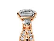 3 Stone Engagement Ring Setting for Asscher Cut Center with Pave Twist Band and Prong Head in Rose Gold