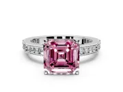 Solitaire Engagement Ring Setting for Fancy Pink Asscher Cut Center with Milgrain-Edged Pave Band and Prong Head in Platinum