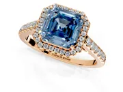 Halo Engagement Ring Setting for Fancy Blue Asscher Cut Center with Narrowing Pave Band and Prong Head in Rose Gold
