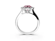Halo Engagement Ring Setting for Fancy Pink Round Cut Center with Milgrain Pave Band and Bezel Head in Platinum