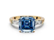 3 Stone Engagement Ring Setting for Fancy Blue Asscher Cut Center with Tapered Baguettes, Plain Band and Prong Head in Yellow Gold
