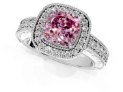 Milgrain Halo Engagement Ring Setting for Fancy Pink Cushion Cut Center with Pave Band and Prong Head in Sterling Silver