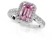 Halo Engagement Ring Setting for Fancy Pink Emerald Cut Center with Full Pave Band and Prong Head in Platinum