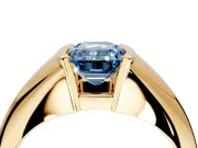 Tension Engagement Ring Setting for Fancy Blue Emerald Cut Center with Wide Tapered Band and Tension Head in Yellow Gold