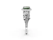 Milgrain Halo Engagement Ring Setting for Fancy Green Princess Cut Center with Shoulder Bezels and Prong Head in Sterling Silver