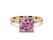 Hidden Halo Engagement Ring Setting for Fancy Pink Princess Cut Center with Thin Round-Wire Band and Prong Head in Yellow Gold