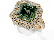 Double Halo Engagement Ring Setting for Fancy Green Asscher Cut Center with Narrow Pave Split Shank and Prong Head in Yellow Gold