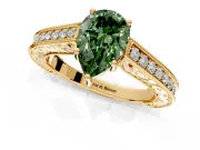 Solitaire Engagement Ring Setting for Fancy Green Pear-Shaped Center with Engraved Pave Band and Prong Head in Yellow Gold