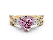 3 Stone Engagement Ring Setting for Fancy Pink Heart-Shaped Center with Pave Twist Band and Prong Head in Yellow Gold