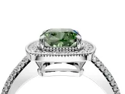 Milgrain Halo Engagement Ring Setting for Fancy Green Cushion Cut Center with Three-Sided Pave Band and Prong Head in Platinum