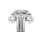 Solitaire Engagement Ring Setting for Emerald Cut Center with Twisted Band and Scroll Prong Head in Platinum