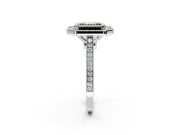 Halo Engagement Ring Setting for Fancy Green Emerald Cut Center with Milgrain Frame, Pave Band and Prong Head in Sterling Silver