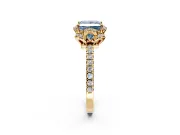 Halo Engagement Ring Setting for Fancy Blue Princess Cut Center with Openwork Halo, Pave Band and Prong Head in Yellow Gold
