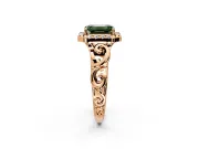 Halo Engagement Ring Setting for Fancy Green Emerald Cut Center with Open Scroll Shoulders and Prong Head in Rose Gold