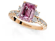Paired Accent Engagement Ring Setting for Fancy Pink Emerald Cut Center with Pave Band and Prong Head in Rose Gold
