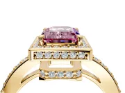 Halo Engagement Ring Setting for Fancy Pink Emerald Cut Center with Metal-Rimmed Halo, Pave Band and Prong Head in Yellow Gold