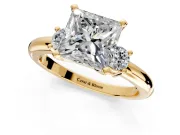 3 Stone Engagement Ring Setting for Princess Cut Center with Wide Plain Band and Prong Head in Yellow Gold