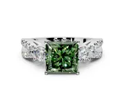 3 Stone Engagement Ring Setting for Fancy Green Princess Cut Center with Pave Split Shank and Prong Head in Platinum