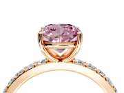 Solitaire Engagement Ring Setting for Fancy Pink Cushion Cut Center with Round Cut Pave Band and Prong Head in Rose Gold