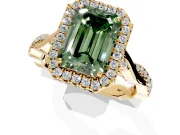 Halo Engagement Ring Setting for Fancy Green Emerald Cut Center with Twist Band and Prong Head in Yellow Gold