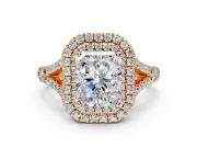 Double Halo Engagement Ring Setting for Radiant Cut Center with Narrow Pave Split Shank and Prong Head in Rose Gold