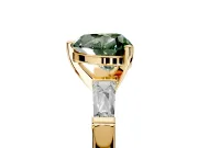 3 Stone Engagement Ring Setting for Fancy Green Heart-Shaped Center with Tapered Baguettes, Plain Band and Prong Head in Yellow Gold