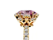 Halo Engagement Ring Setting for Fancy Pink Oval Center with Openwork Halo, Pave Band and Prong Head in Yellow Gold