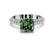 Solitaire Engagement Ring Setting for Fancy Green Cushion Cut Center with Domed Multi-Row Pave Band and Prong Head in Platinum