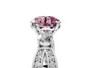 3 Stone Engagement Ring Setting for Fancy Pink Round Cut Center with Pave Twist Band and Prong Head in Platinum