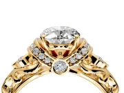 Solitaire Engagement Ring Setting for Oval Center with Filigree Band and Prong Head in Yellow Gold