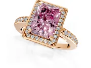Halo Engagement Ring Setting for Fancy Pink Radiant Cut Center with Metal-Rimmed Halo, Pave Band and Prong Head in Rose Gold