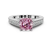 Solitaire Engagement Ring Setting for Fancy Pink Cushion Cut Center with Engraved Pave Band and Prong Head in Platinum