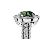 Milgrain Halo Engagement Ring Setting for Fancy Green Round Cut Center with Pave Band and Prong Head in White Gold