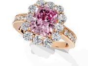 Halo Engagement Ring Setting for Fancy Pink Radiant Cut Center with Milgrain Channel Band and Prong Head in Rose Gold