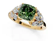 Leaf Cluster Engagement Ring Setting for Fancy Green Cushion Cut Center with Marquise Accents and Prong Head in Yellow Gold