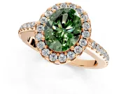 Pave Halo Engagement Ring Setting for Fancy Green Oval Center with Single Row Pave Band and Prong Head in Rose Gold