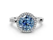 Halo Engagement Ring Setting for Fancy Blue Round Cut Center with Pave and Plain Twist Band and Prong Head in Sterling Silver