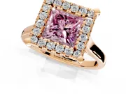 Single Halo Engagement Ring Setting for Fancy Pink Princess Cut Center with Corner Claws, Plain Band and Prong Head in Rose Gold