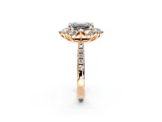 Floral Halo Engagement Ring Setting for Emerald Cut Center with Pave Accents and Prong Head in Rose Gold