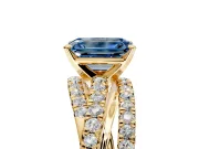 Solitaire Engagement Ring Setting for Fancy Blue Emerald Cut Center with Woven 3-Strand Pave Band and Prong Head in Yellow Gold