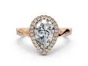 Halo Engagement Ring Setting for Pear-Shaped Center with Twist Band and Prong Head in Rose Gold