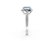 Bezel-Framed Halo Engagement Ring Setting for Fancy Blue Asscher Cut Center with Pave Band and Prong Head in Platinum