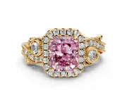 Milgrain Halo Engagement Ring Setting for Fancy Pink Radiant Cut Center with Shoulder Bezels and Prong Head in Yellow Gold