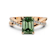 Solitaire Engagement Ring Setting for Fancy Green Emerald Cut Center with Half-Pave Crossover Band and Prong Head in Rose Gold