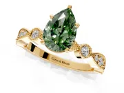 Solitaire Engagement Ring Setting for Fancy Green Pear-Shaped Center with Milgrain Bezel Accents and Prong Head in Yellow Gold