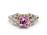 Leaf Cluster Engagement Ring Setting for Fancy Pink Cushion Cut Center with Marquise Accents and Prong Head in Yellow Gold